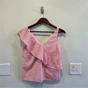 Vineyard Vines Seersucker Ruffle Shoulder Top tank size womens 00 pink preppy
